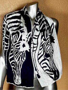 Vera Neumann Vintage Navy Blue & Ivory Zebra print light as air Silk Scarf
